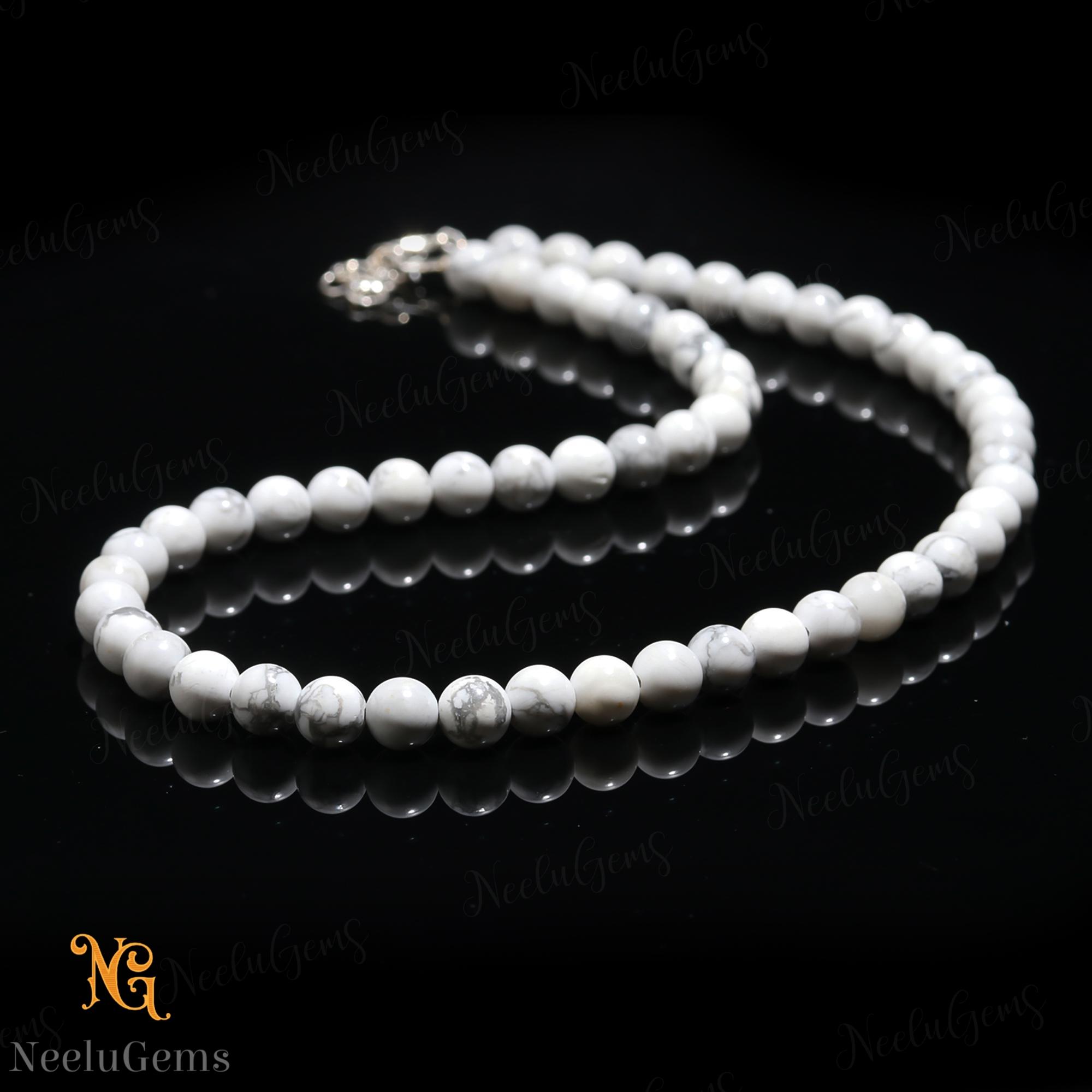 Natural Howlite Necklace 8mm White Marble Stone Jewelry, Calming Stress Relief Crystal Choker Handmade Birthday Gift For Loved Ones
