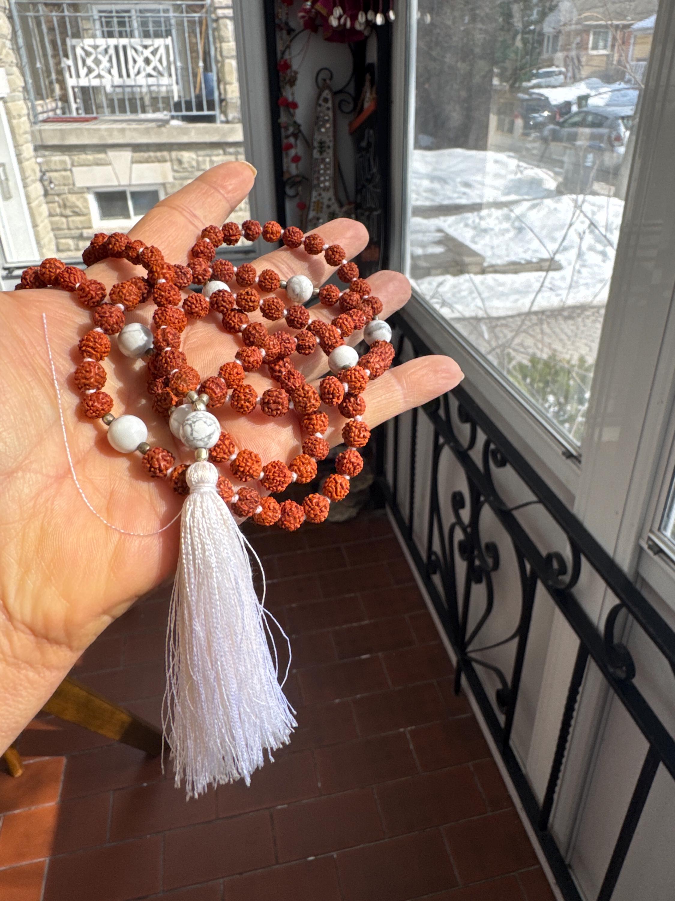 Rudraksha Howlite 108 Mala Bead Tassel Necklace Meditation Yoga Gift