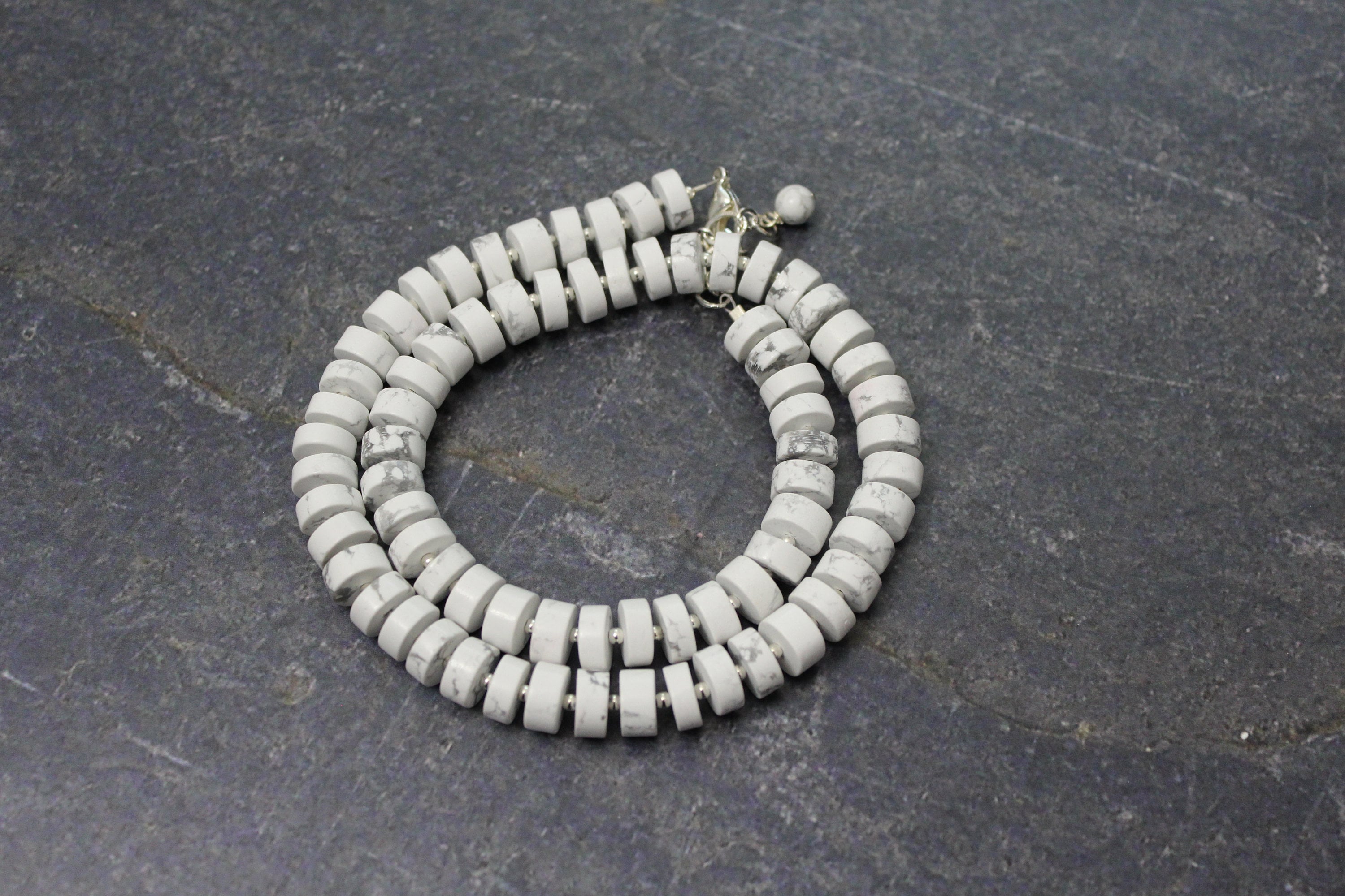 White Howlite Heishi Necklace: Sterling Silver Beads, 18-20 Inch