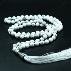 White Howlite Mala Necklace, Hand Knotted 108 Beads For Patience, Marble Grey Gemstone Prayer Beads, Meditation Yoga Gift, Calm Mind Stone