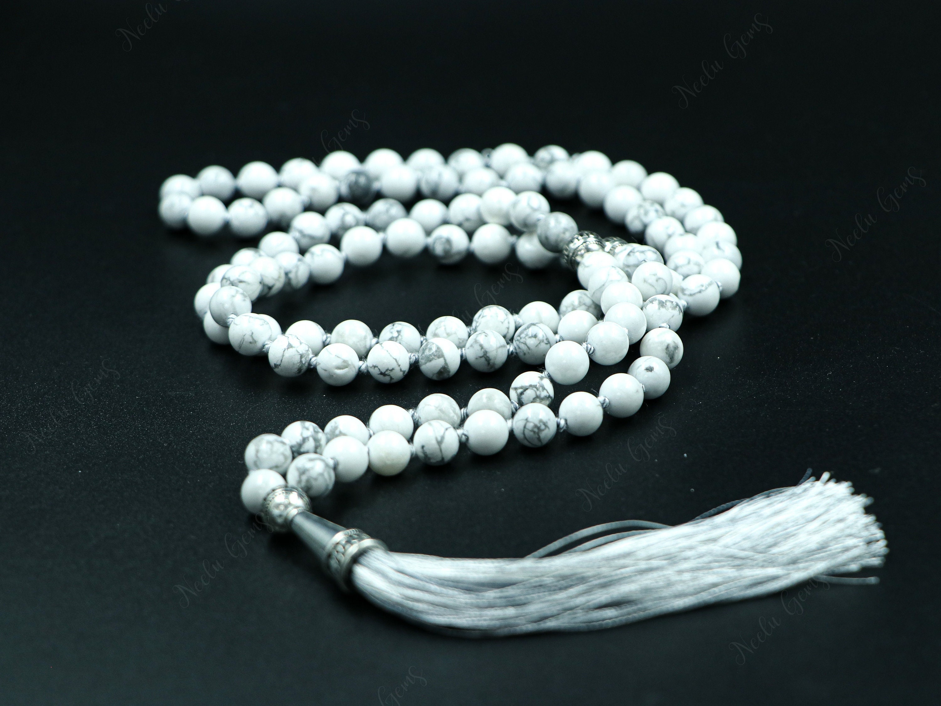 White Howlite Mala Necklace, Hand Knotted 108 Beads For Patience, Marble Grey Gemstone Prayer Beads, Meditation Yoga Gift, Calm Mind Stone