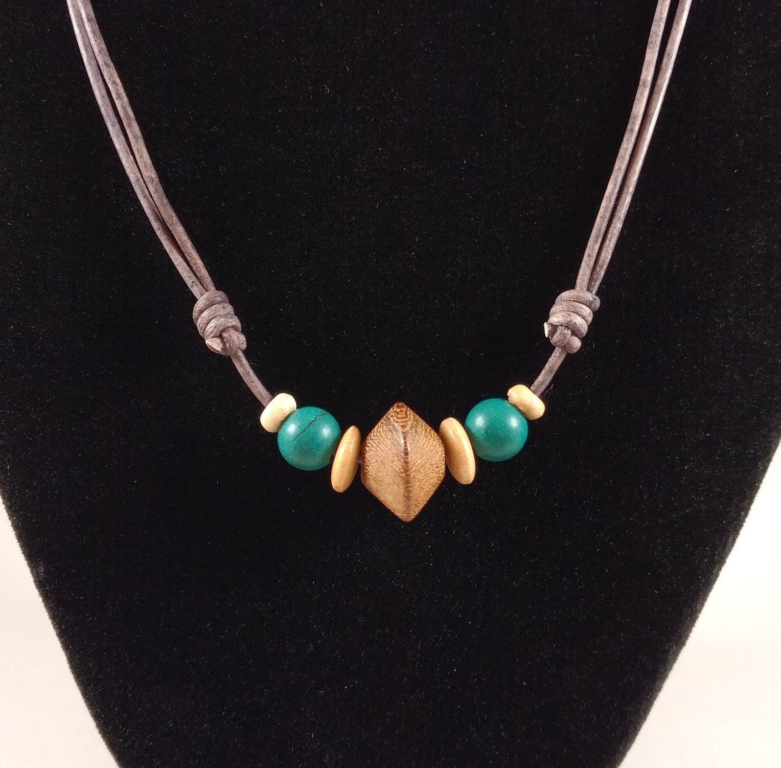 Wood, Bone, And Howlite Beads Adjustable Leather Necklace Handmade By Chris Hay