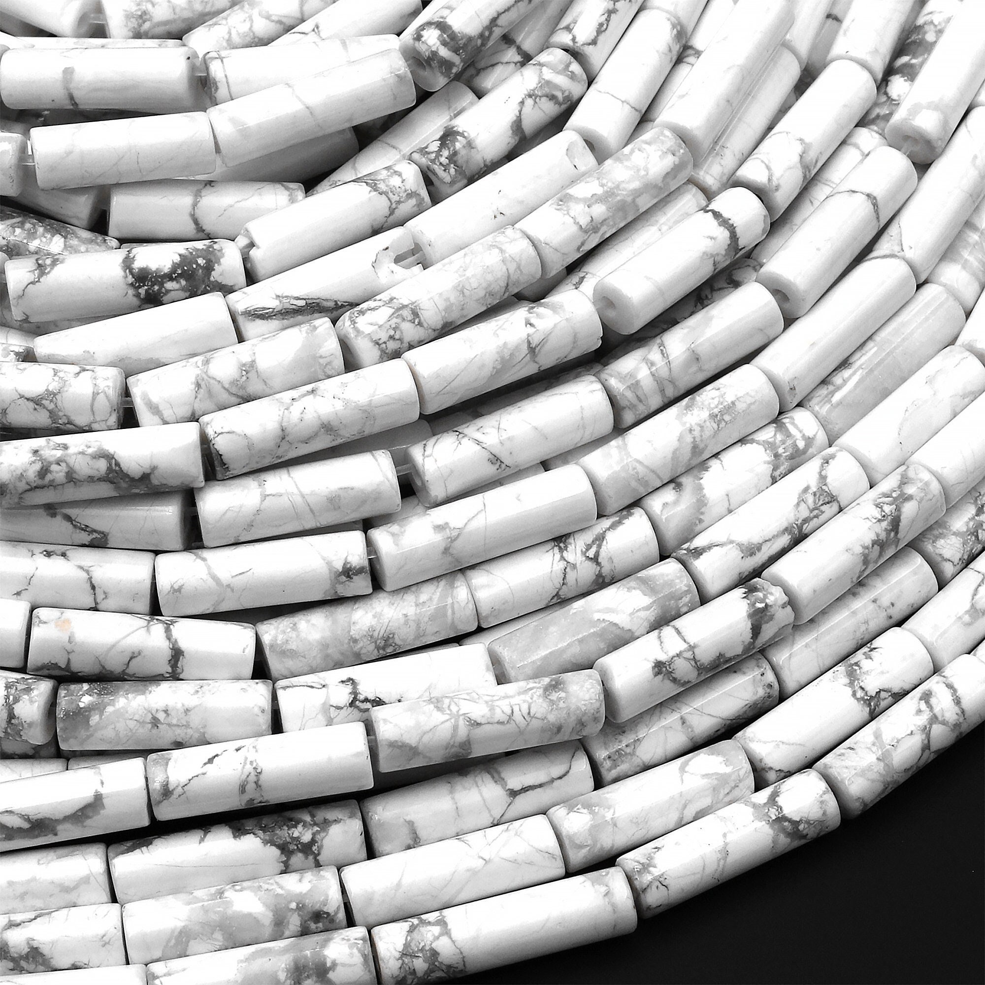 Natural Howlite Thin Long Tube Beads 14mm 15.5" Strand