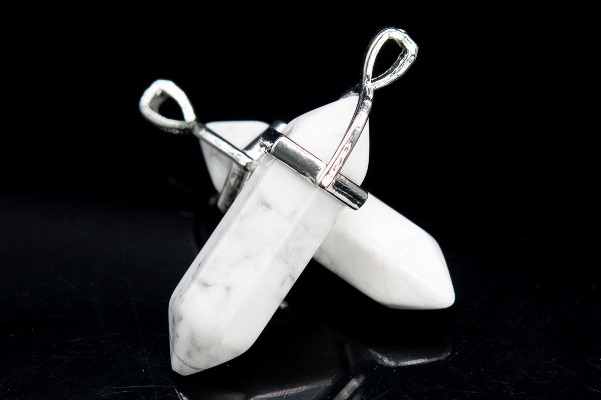 2 Pcs - 39x8mm Howlite Beads Healing Hexagonal Pointed Pendant Natural Grade A Silver Plated Cap Bulk Lot Options (111099-3320)
