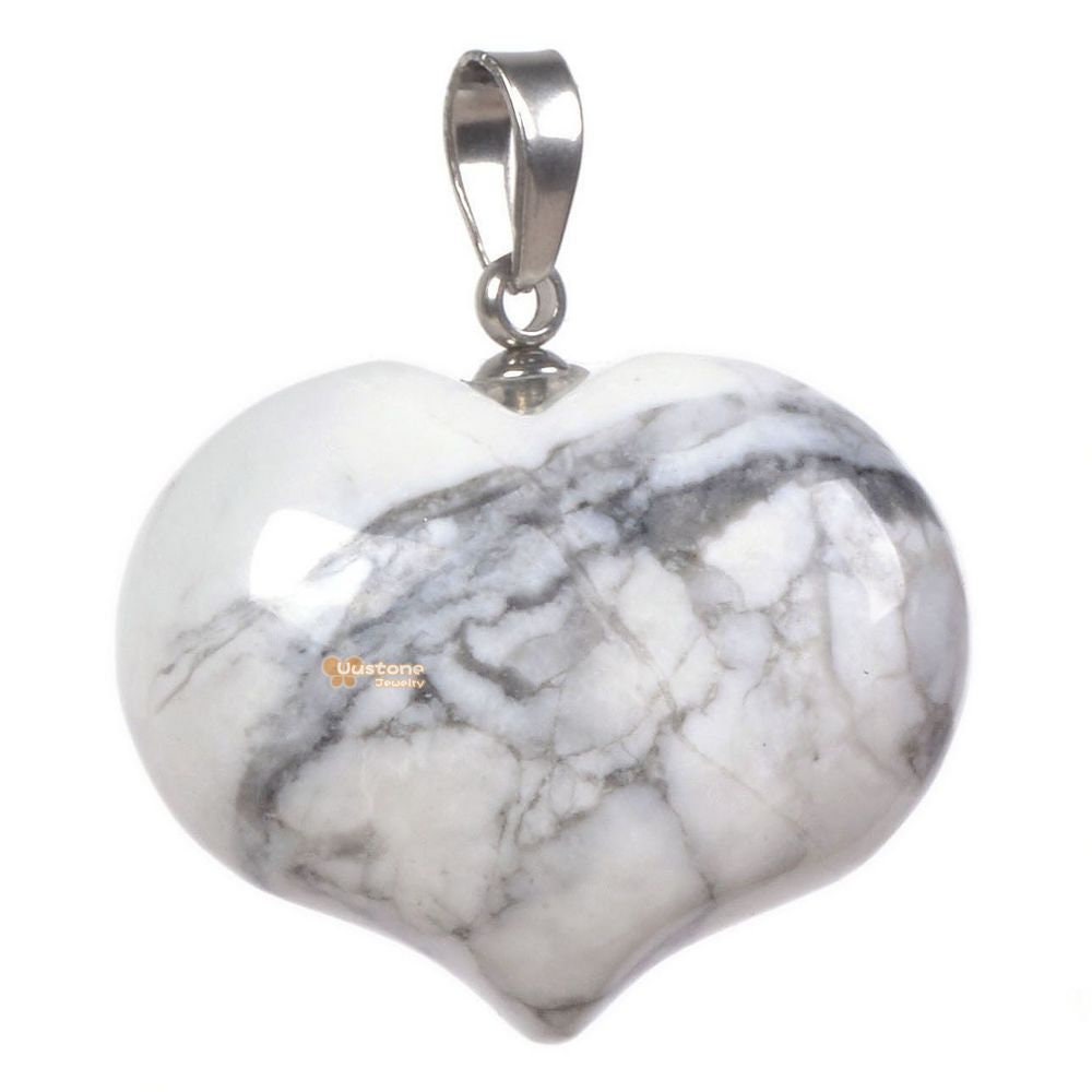 25mm White Howlite Gemstone Healing Puff Love Heart Pendant Focal Bead
