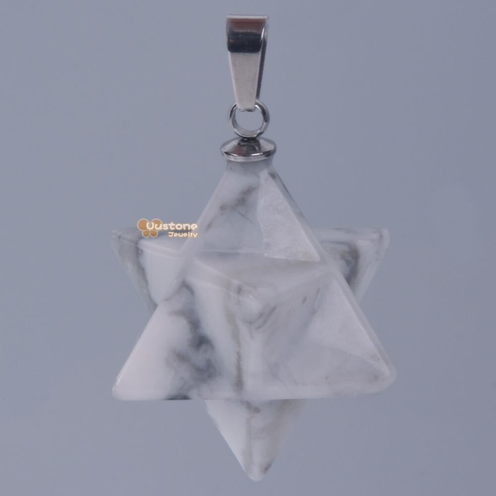 Carved Natural White Howlite Gemstone Merkaba Star Crystal Energy Healing Sacred Focal Pendant