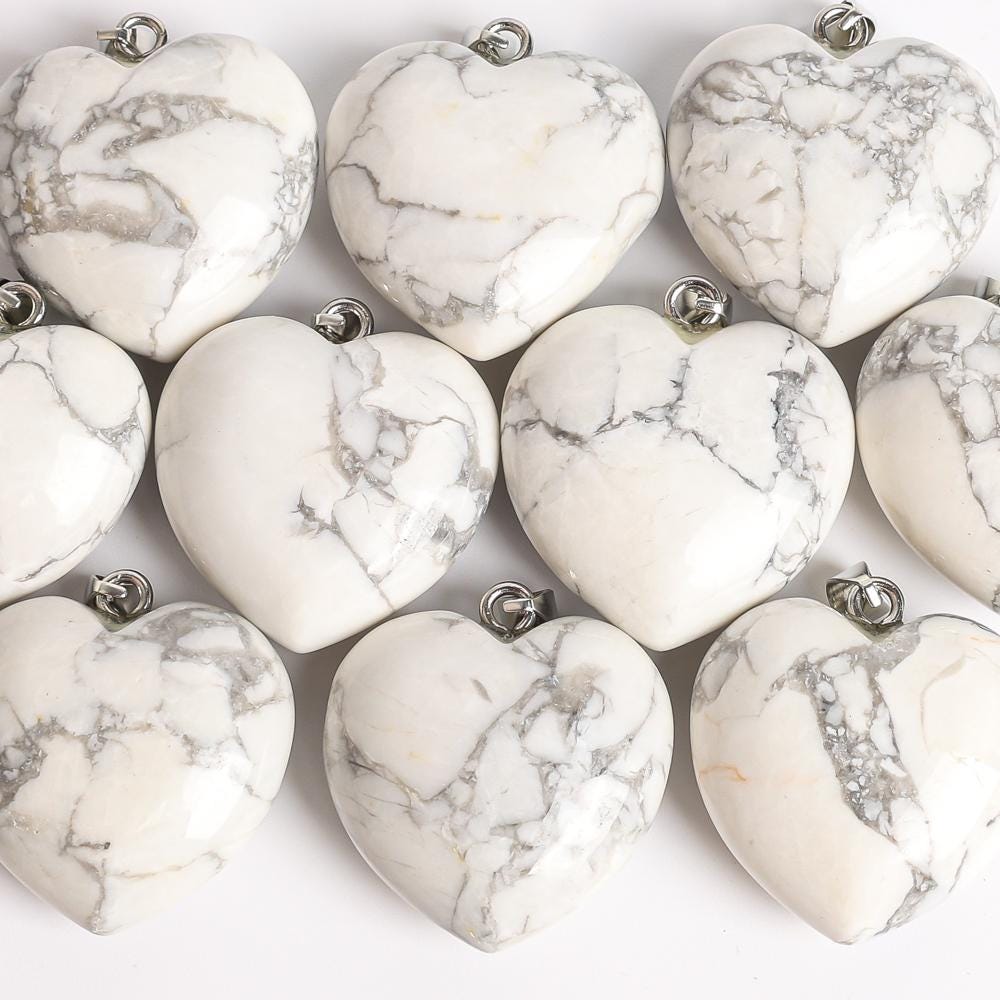 Genuine Natural White Heart Howlite Top Drilled Healing Gemstone Pendant