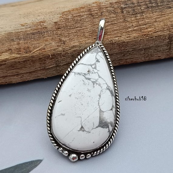 Handmade Howlite 925 Sterling Silver Teardrop Pendant Necklace
