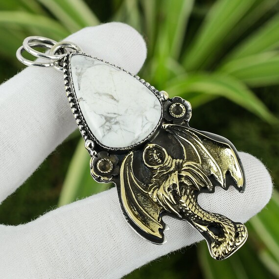 Handmade Howlite Devil Pendant: 925 Sterling Silver, 18k Gold Plated