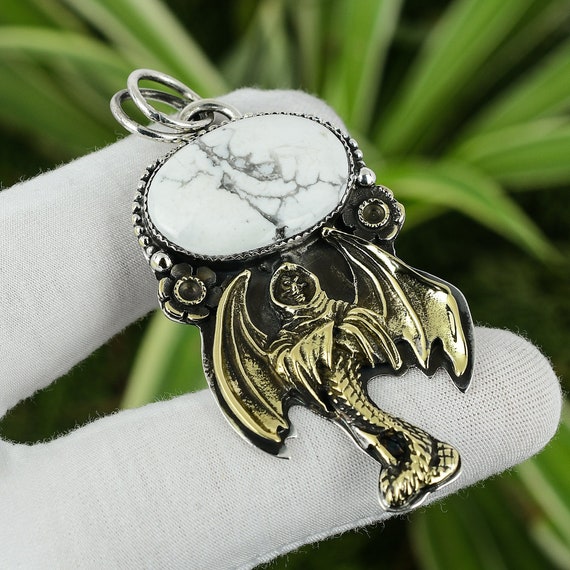 Handmade Howlite Gemstone Pendant, 925 Sterling Silver Demon Skull Jewelry