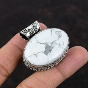 Handmade Oval Howlite Pendant: Boho 925 Sterling Silver Jewelry
