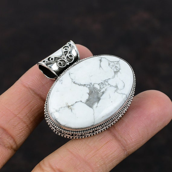 Handmade Oval Howlite Pendant: Boho 925 Sterling Silver Jewelry