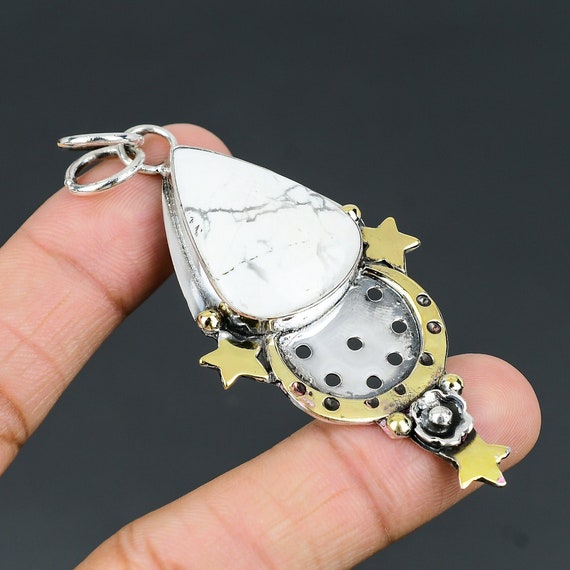 Handmade Howlite Pear Pendant: 925 Sterling Silver, 18k Gold Plated Handmade Howlite Pear Pendant: 925 Sterling Silver, 18k Gold Plated