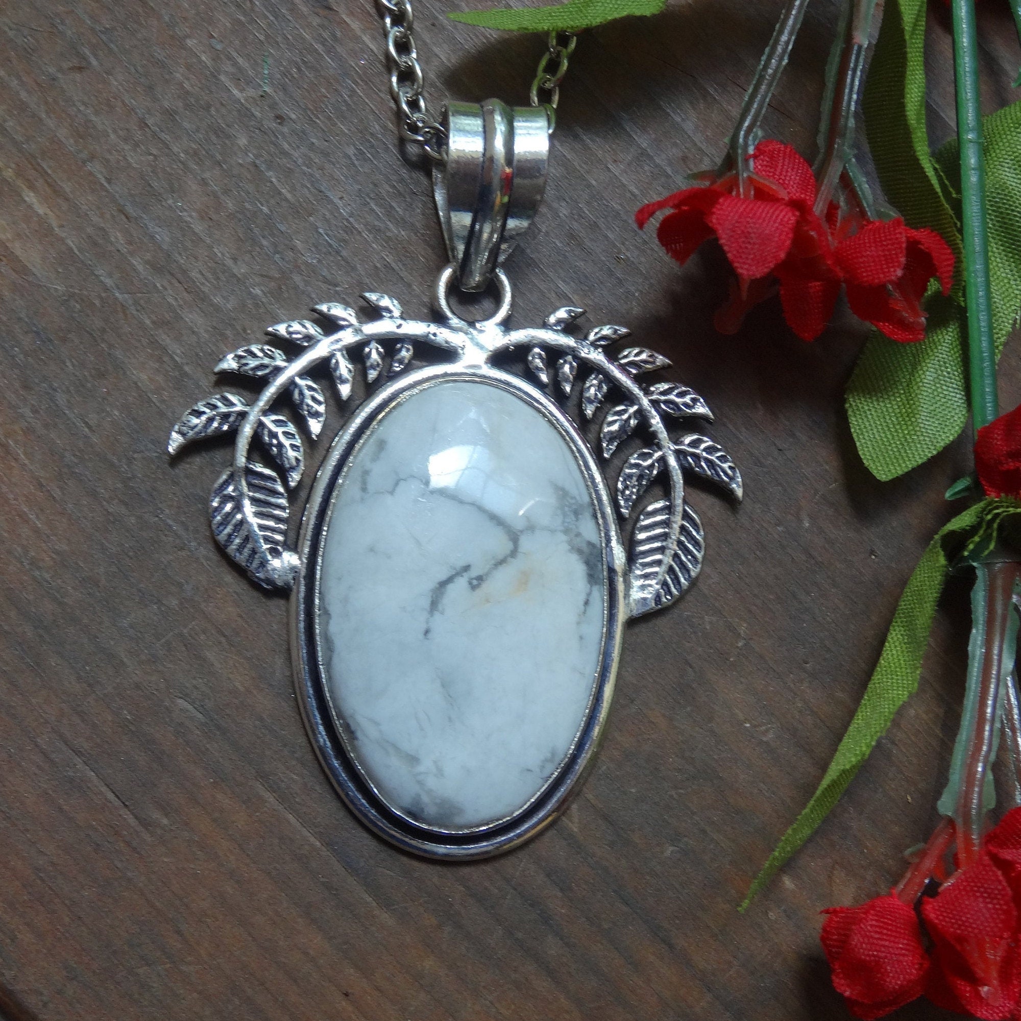 Handmade Sterling Silver Howlite Pendant Necklace – Feather Vine Handmade Sterling Silver Howlite Pendant Necklace – Feather Vine