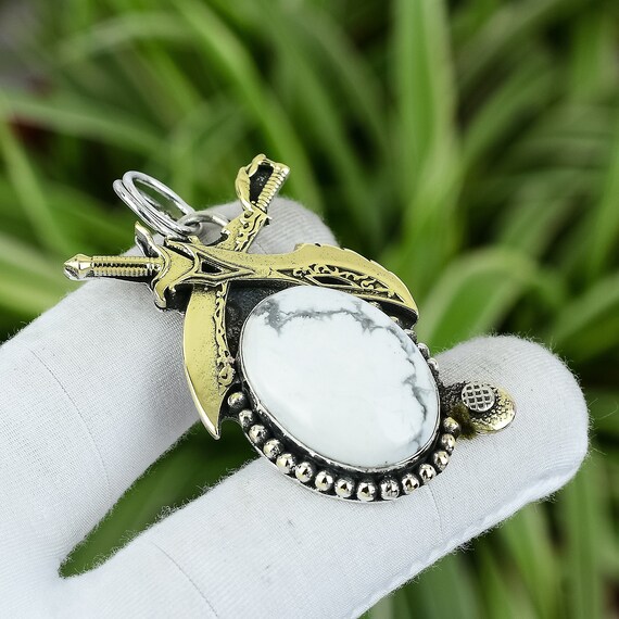 Handmade Howlite Sword Pendant: 925 Sterling Silver, 18k Gold Plated Handmade Howlite Sword Pendant: 925 Sterling Silver, 18k Gold Plated