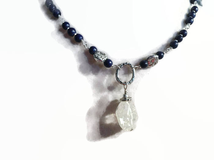 Navy Howlite & Sterling Silver Necklace - Crystal Pendant, Handmade