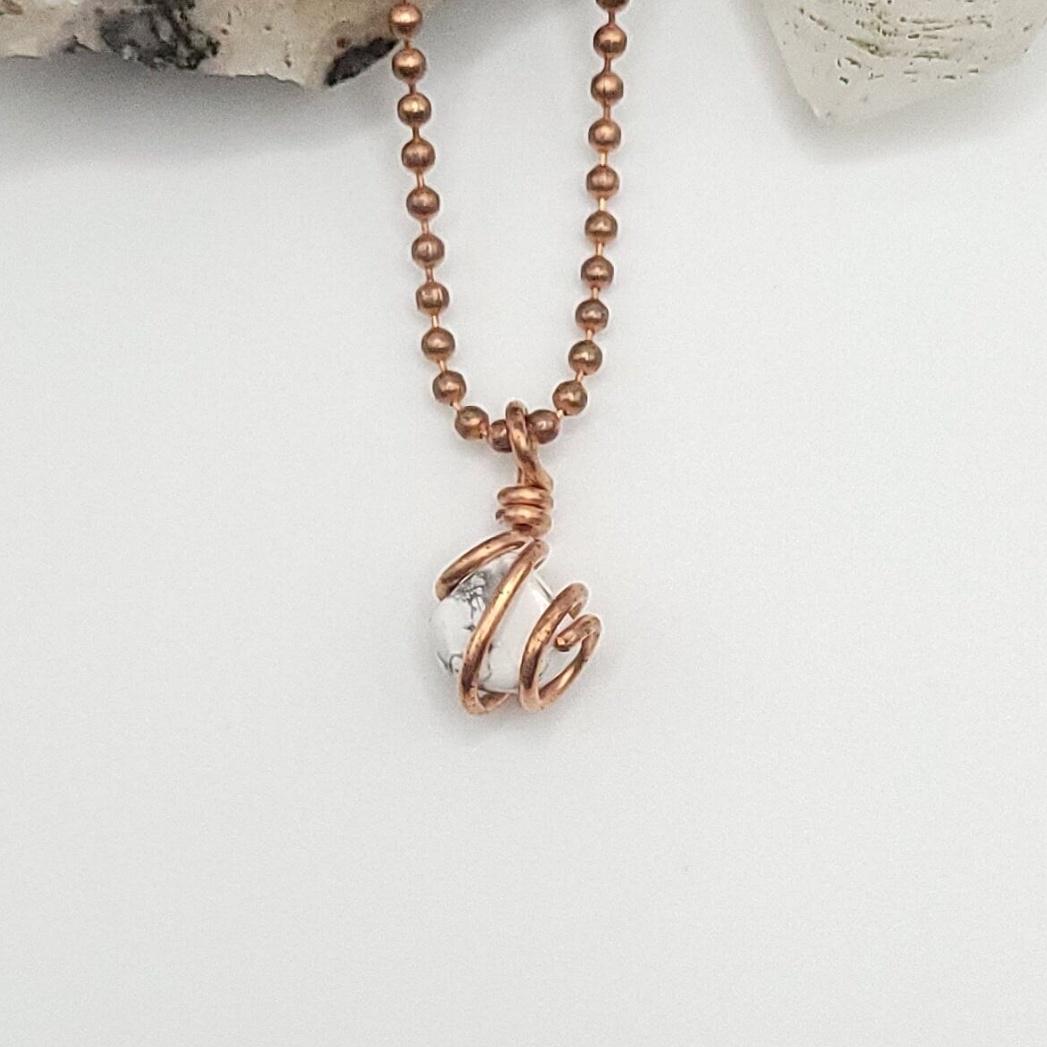 Howlite Necklace: Copper Wrapped Crystal Pendant For Calm & Focus Howlite Necklace: Copper Wrapped Crystal Pendant For Calm & Focus
