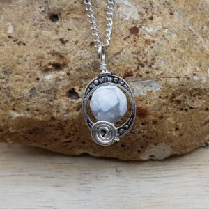 Small Howlite Pendant. White Crystal Reiki Jewelry Uk. Gemini Jewelry. Minimalist Oval Frame Silver Plated Wire Wrap Necklace