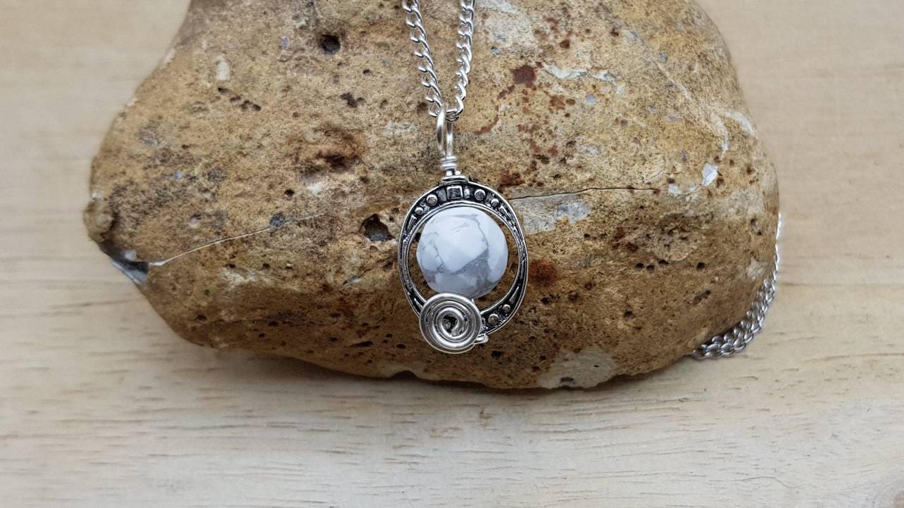 Small Howlite Pendant. White Crystal Reiki Jewelry Uk. Gemini Jewelry. Minimalist Oval Frame Silver Plated Wire Wrap Necklace
