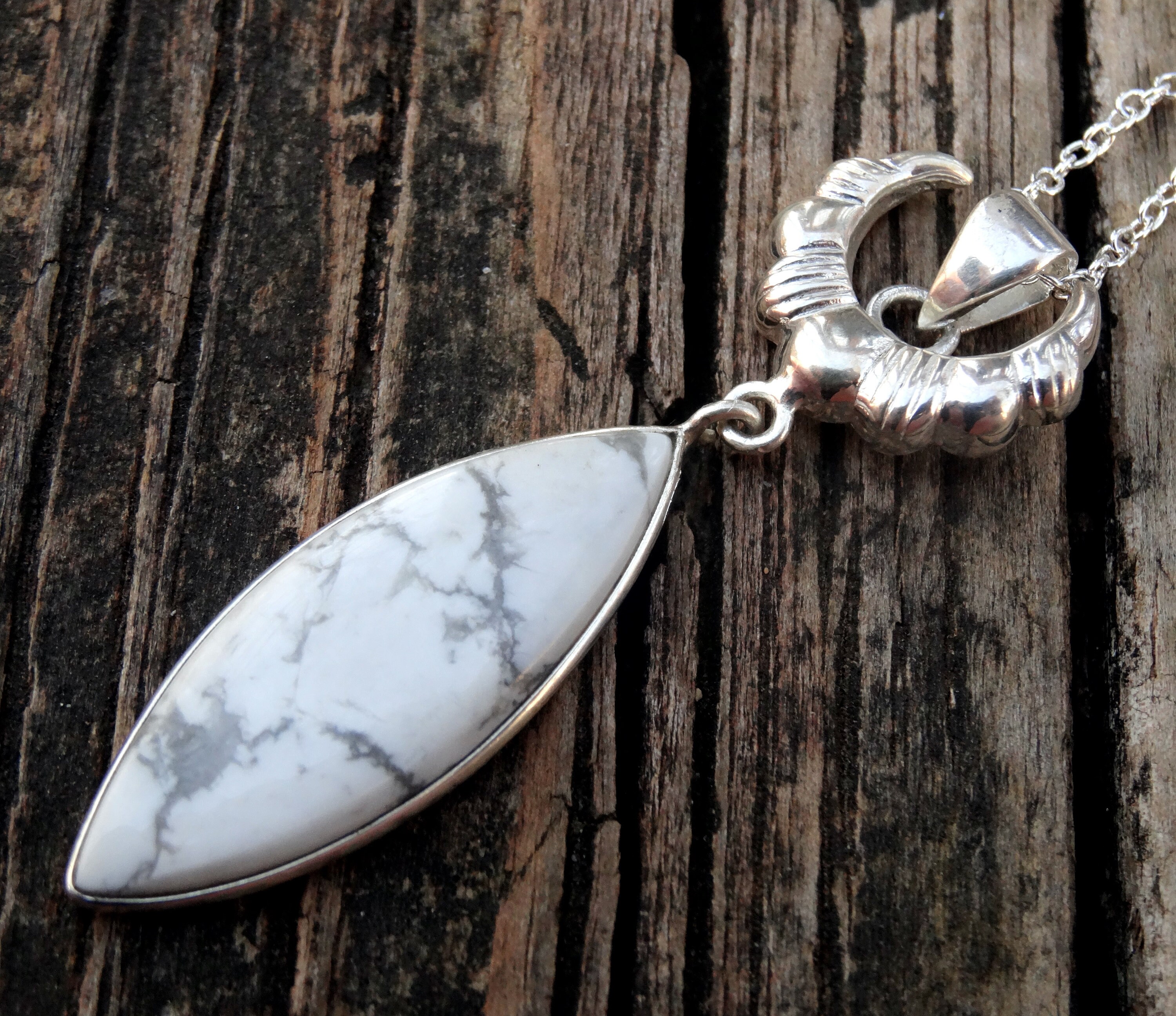 Sterling Silver Howlite Crescent Moon Necklace: Natural Stone Pendant Sterling Silver Howlite Crescent Moon Necklace: Natural Stone Pendant