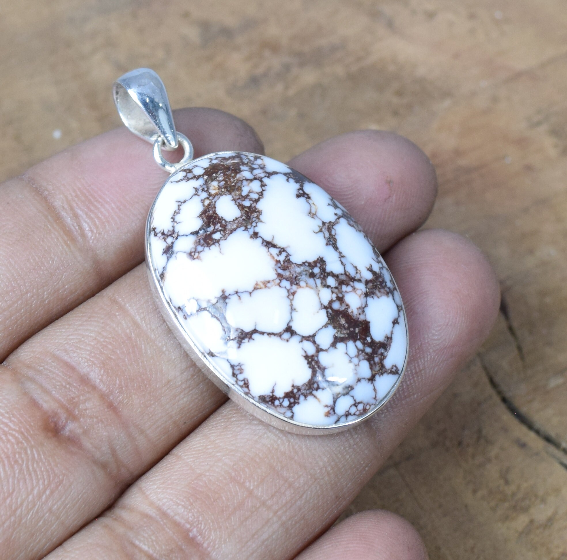 Howlite Sterling Silver Pendant: Oval Gemstone Jewelry Howlite Sterling Silver Pendant: Oval Gemstone Jewelry