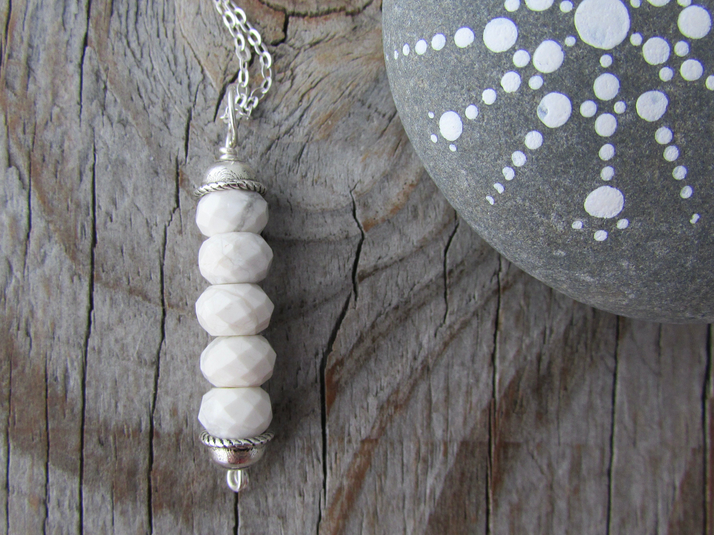 Howlite Pendant, White Gemstone Necklace, Stacked Gemstone Amulet