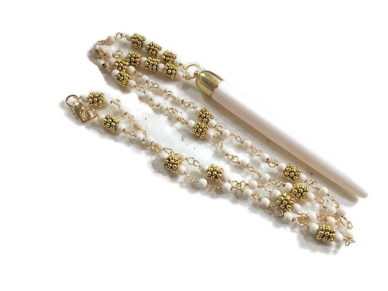 White Howlite Gemstone Necklace - Gold Spike Pendant, Handmade