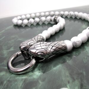 White Howlite Mens Necklace with 316L Stainless Steel Snake Head, Natural Gemstone Beaded Necklace for (on/off) Pendant, Mens Gift +Gift Box