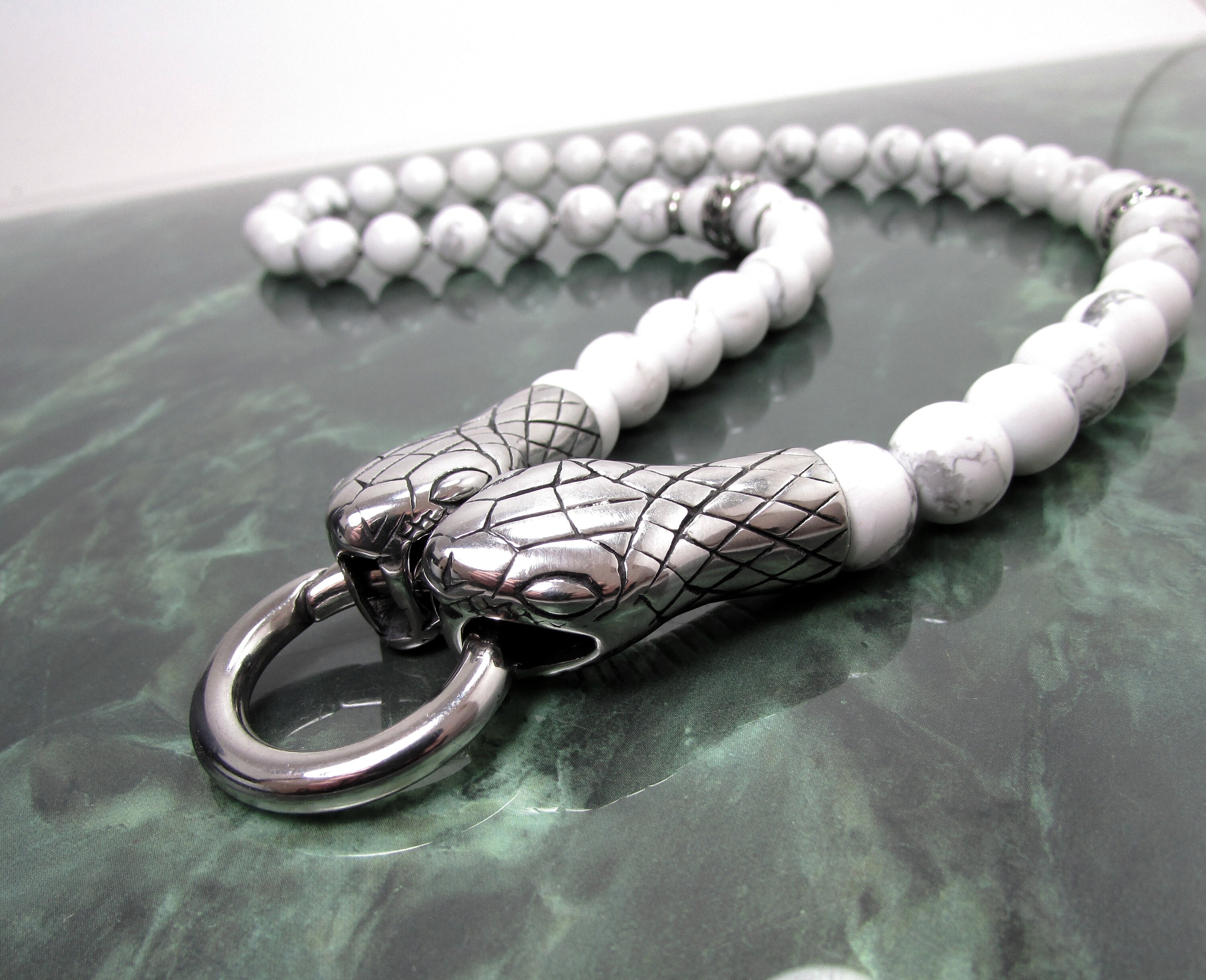White Howlite Mens Necklace With 316l Stainless Steel Snake Head, Natural Gemstone Beaded Necklace For (on/off) Pendant, Mens Gift +gift Box