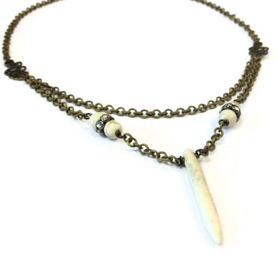 White Howlite Spike Necklace - Bohemian Brass Pendant Jewelry