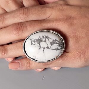 Adjustable Silver Howlite Ring: Chunky White Statement Ring Adjustable Silver Howlite Ring: Chunky White Statement Ring