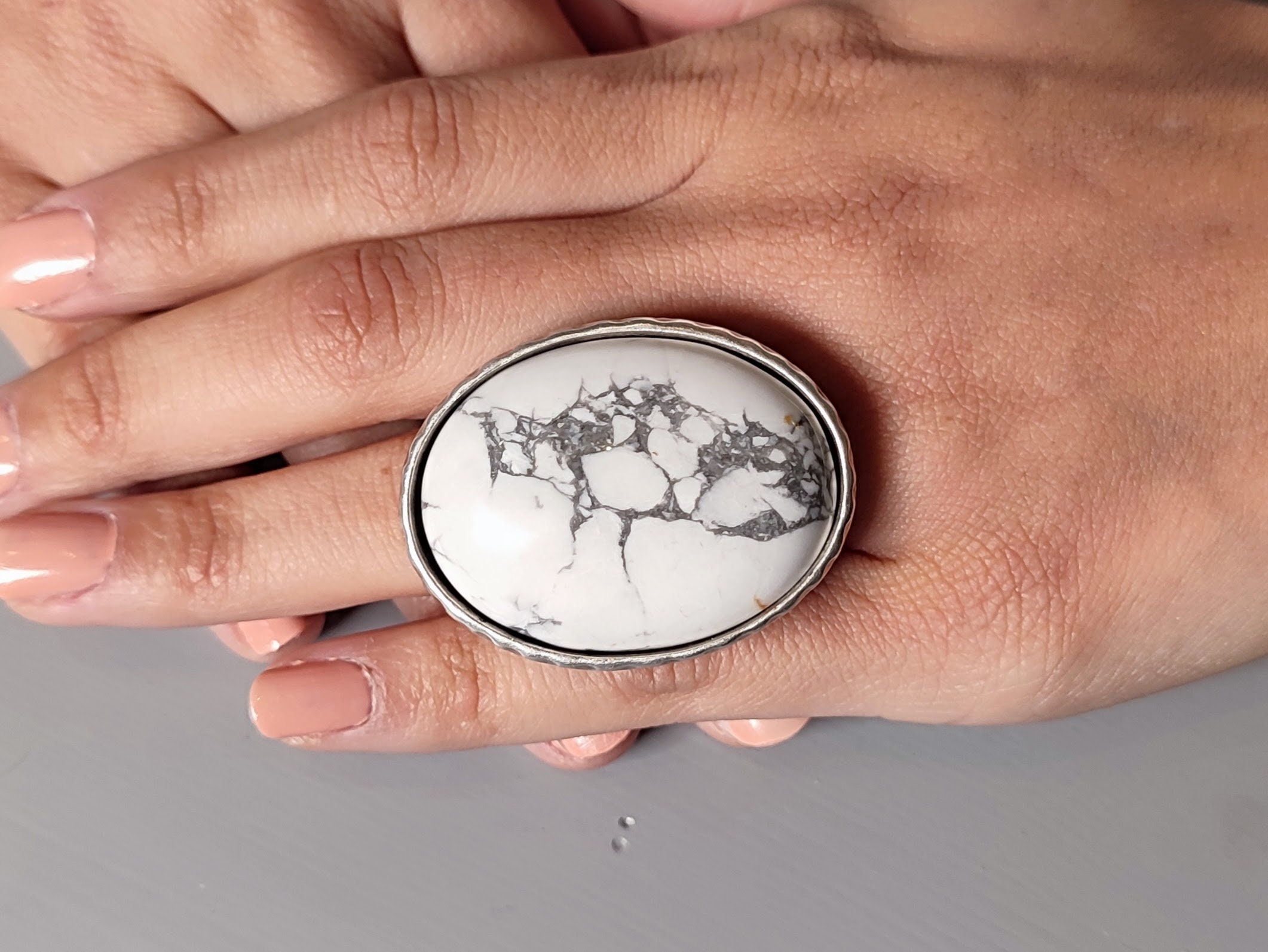 Chunky Silver Statement Ring: Large Oval Howlite Cocktail Ring