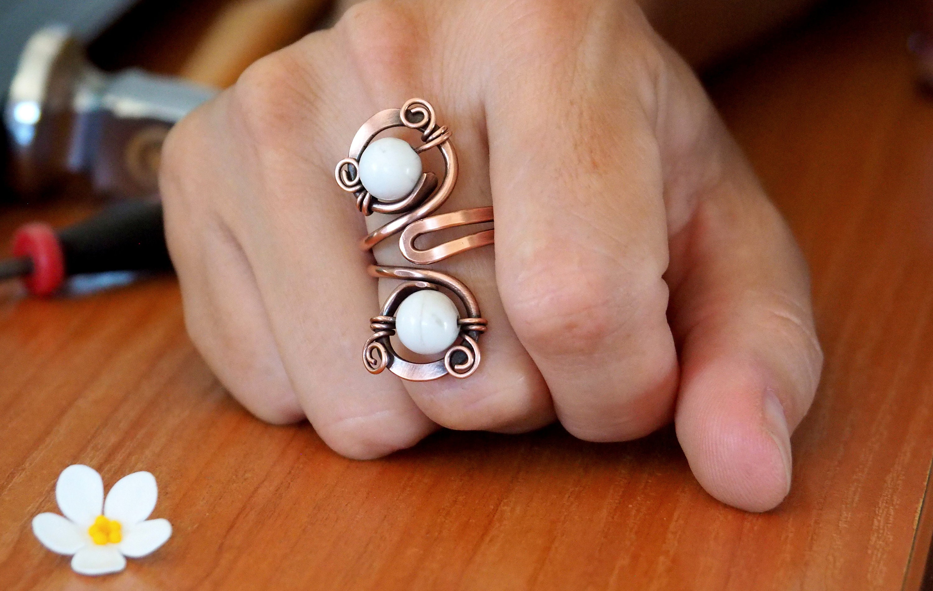 Copper Wire Ring: White Howlite Gemstone Statement Jewelry Open Band