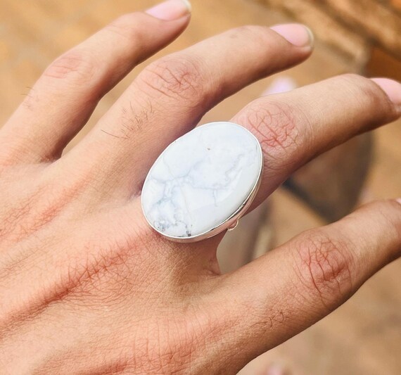 Howlite Gemstone Ring: 925 Sterling Silver, 18k Gold Plated Elephant Ring