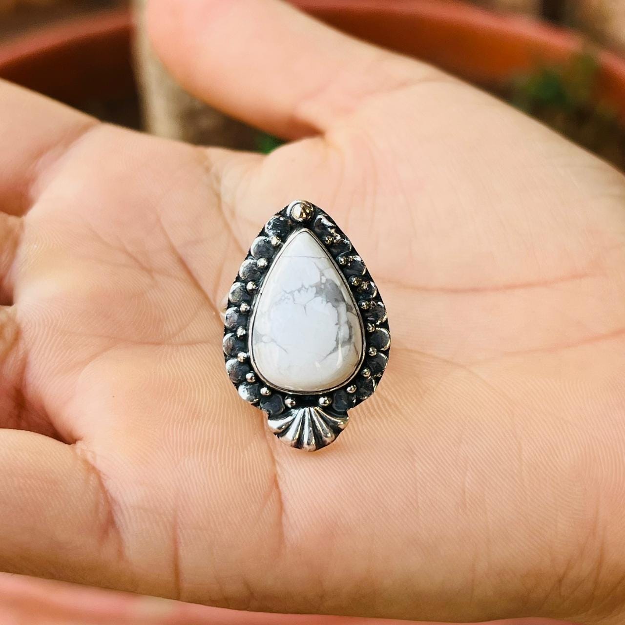 Howlite Gemstone Ring, Handmade Jewellery, Designer Pear Shape Ring, 925 Sterling Silver Howlite Gemstone Ring, Handmade Jewellery, Designer Pear Shape Ring, 925 Sterling Silver