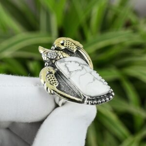 Handmade Howlite Parrot Ring: 925 Sterling Silver Adjustable Boho Jewelry Handmade Howlite Parrot Ring: 925 Sterling Silver Adjustable Boho Jewelry