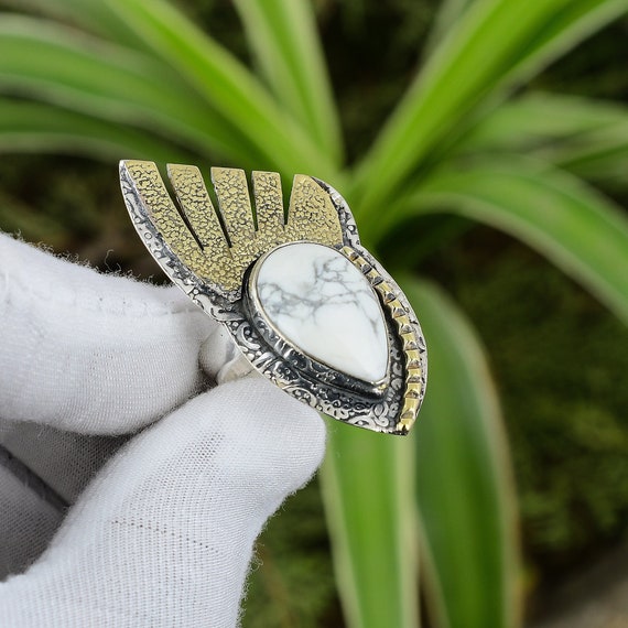 Handmade Pear Howlite Ring: 925 Sterling Silver, 18k Gold Plated, Adjustable Boho Ring