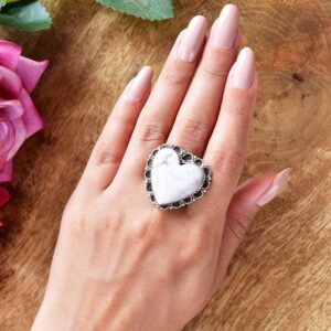 Handmade Howlite & Sterling Silver Adjustable Heart Ring Handmade Howlite & Sterling Silver Adjustable Heart Ring