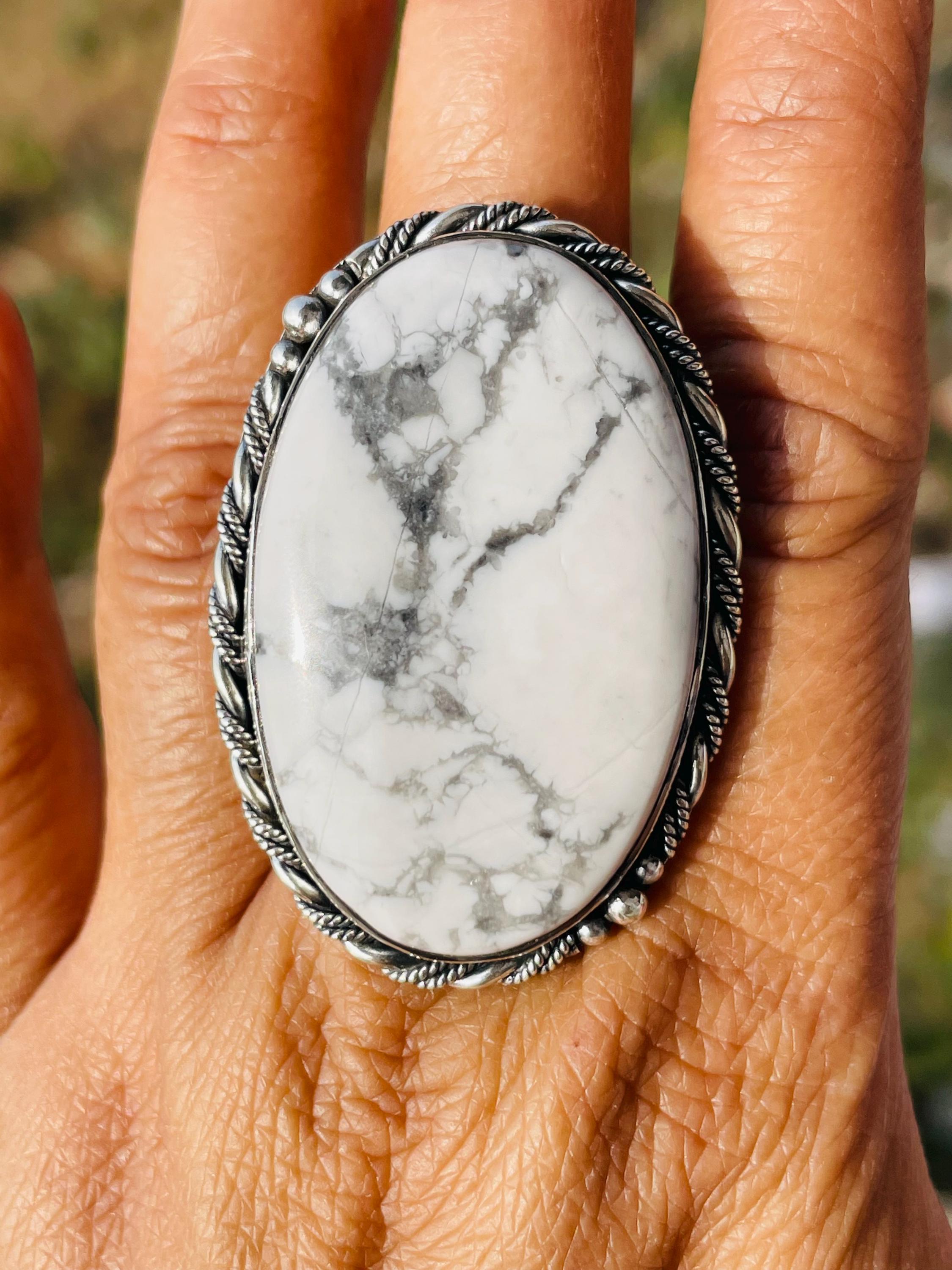 Handmade White Howlite Solid Sterling Silver Statement Ring