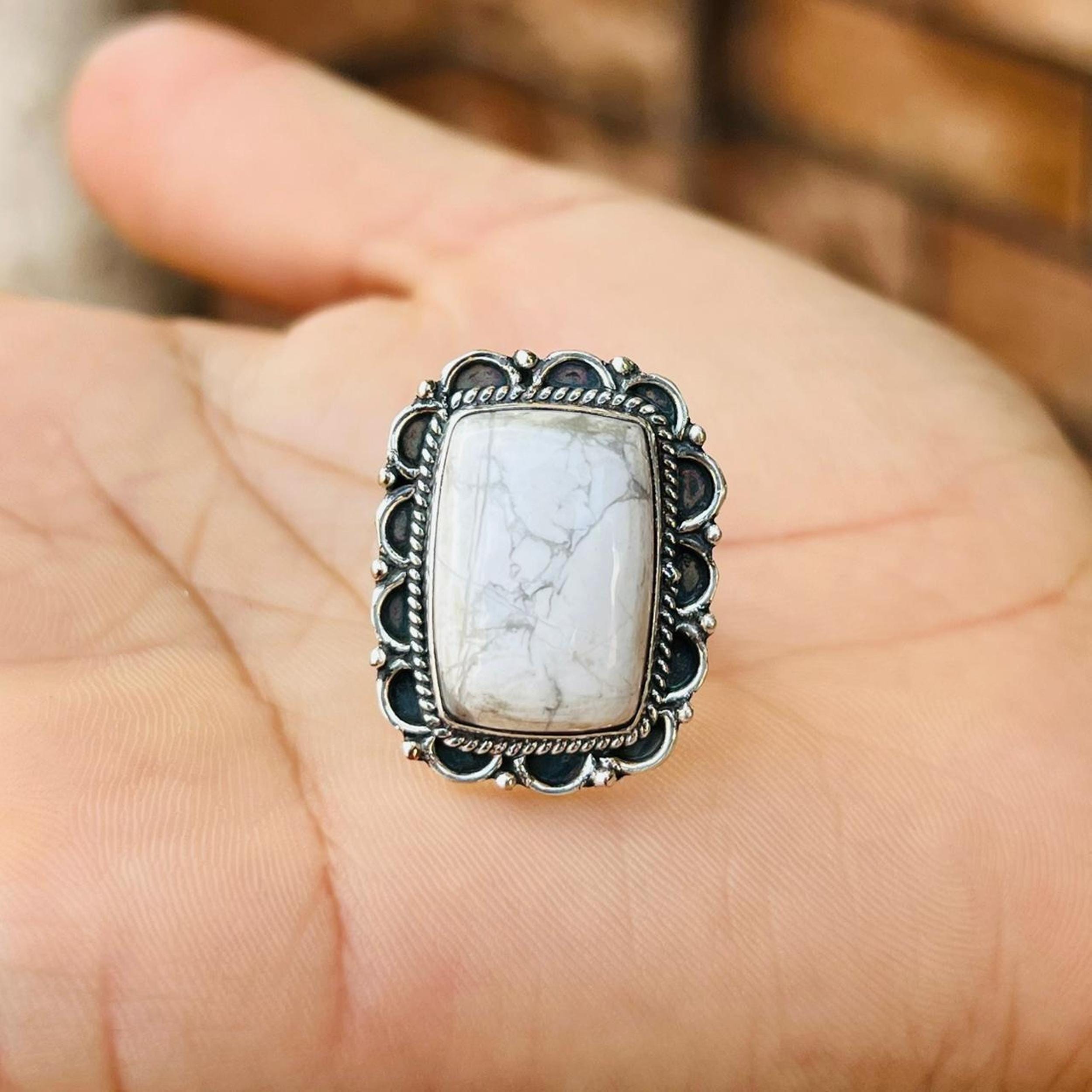 Natural Howlite Ring, Handmade Jewellery, Designer Women Ring, 925 Sterling Silver
