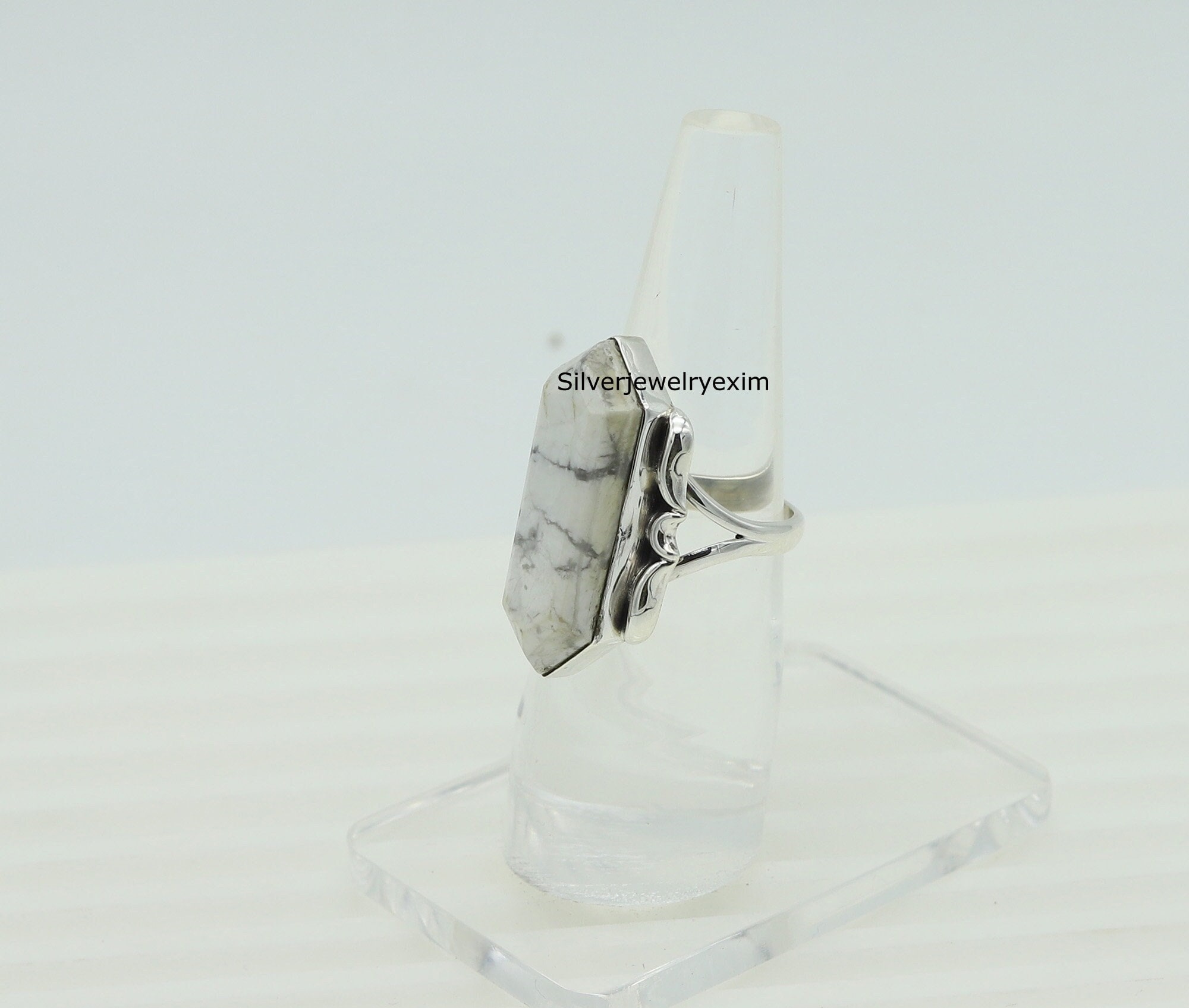 Natural Howlite Hexagon Ring: 925 Sterling Silver Boho Statement Ring Natural Howlite Hexagon Ring: 925 Sterling Silver Boho Statement Ring