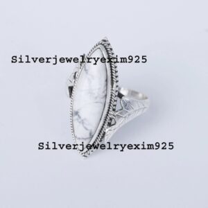 Howlite Sterling Silver Ring: Marquise Gemstone, Antique Style Howlite Sterling Silver Ring: Marquise Gemstone, Antique Style