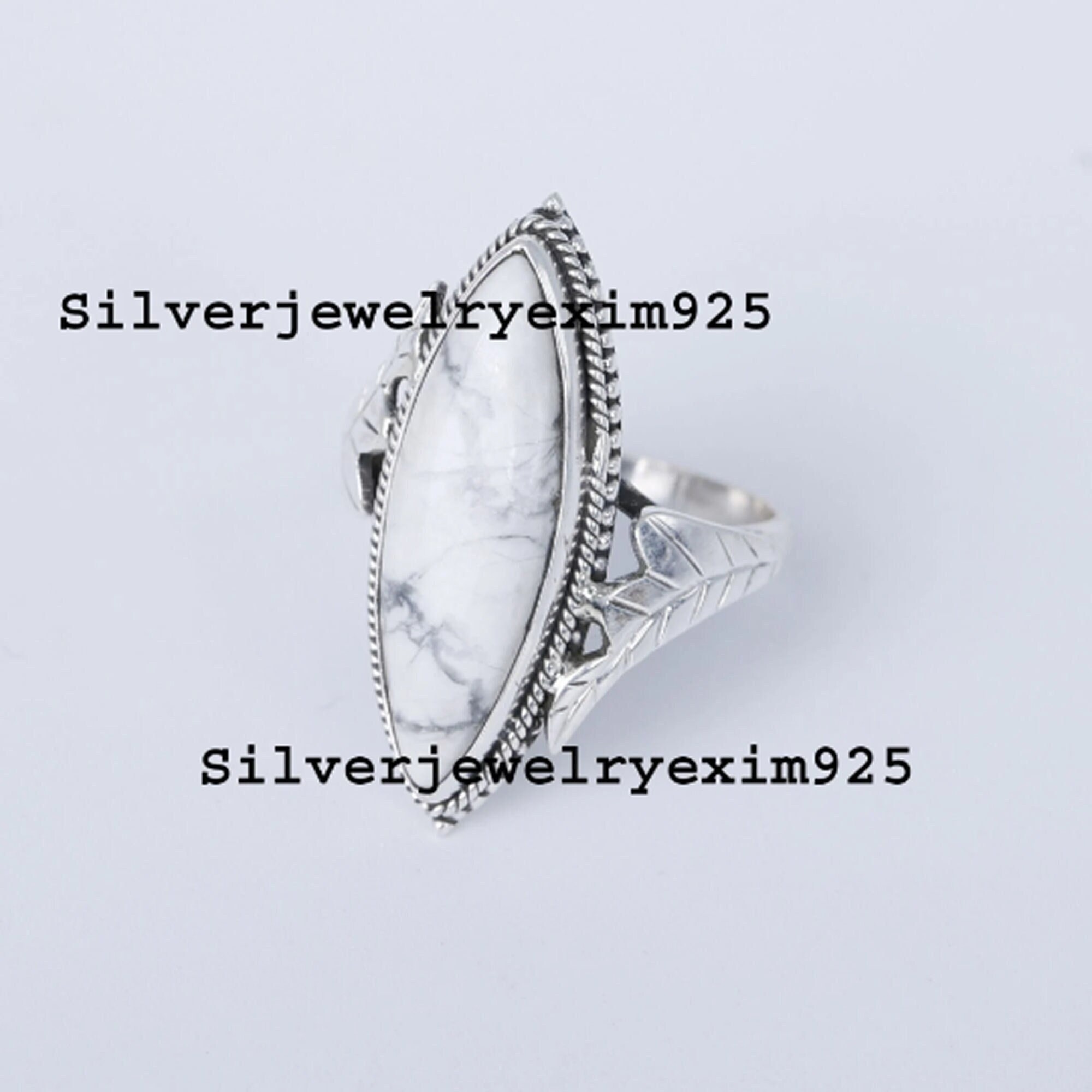 Howlite Sterling Silver Ring: Marquise Gemstone, Antique Style Howlite Sterling Silver Ring: Marquise Gemstone, Antique Style