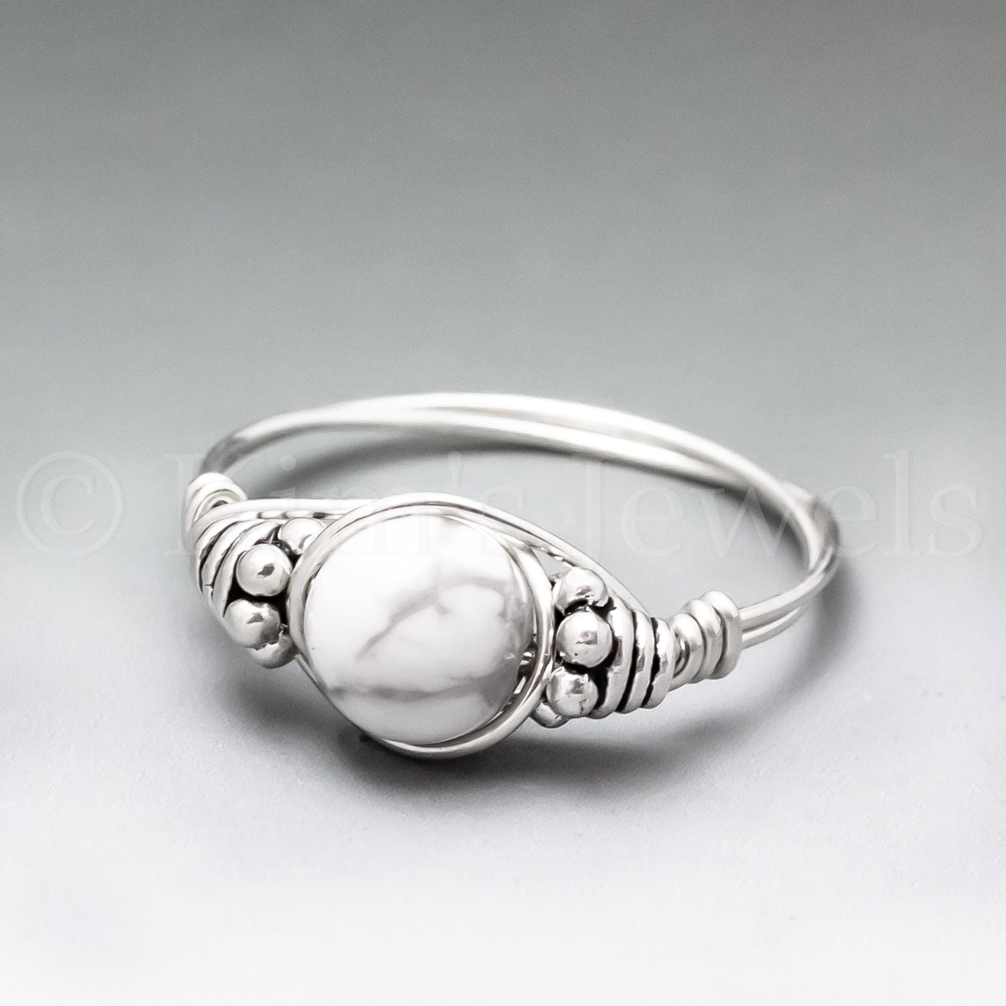 White Howlite Bali Sterling Silver Wire Wrapped Gemstone Bead Ring - Made To Order White Howlite Bali Sterling Silver Wire Wrapped Gemstone Bead Ring - Made To Order