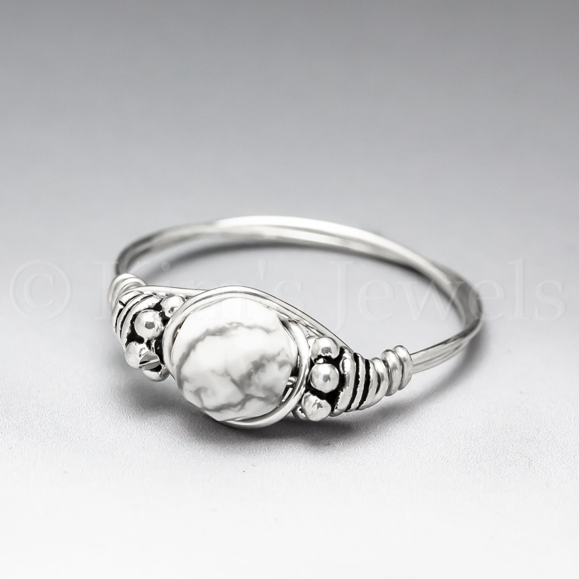 White Howlite Faceted Bali Sterling Silver Wire Wrapped Gemstone Bead Ring - Made To Order