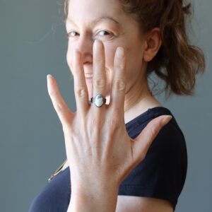 Howlite Ring, White Oval Gemstone In Adjustable Gunmetal Howlite Ring, White Oval Gemstone In Adjustable Gunmetal