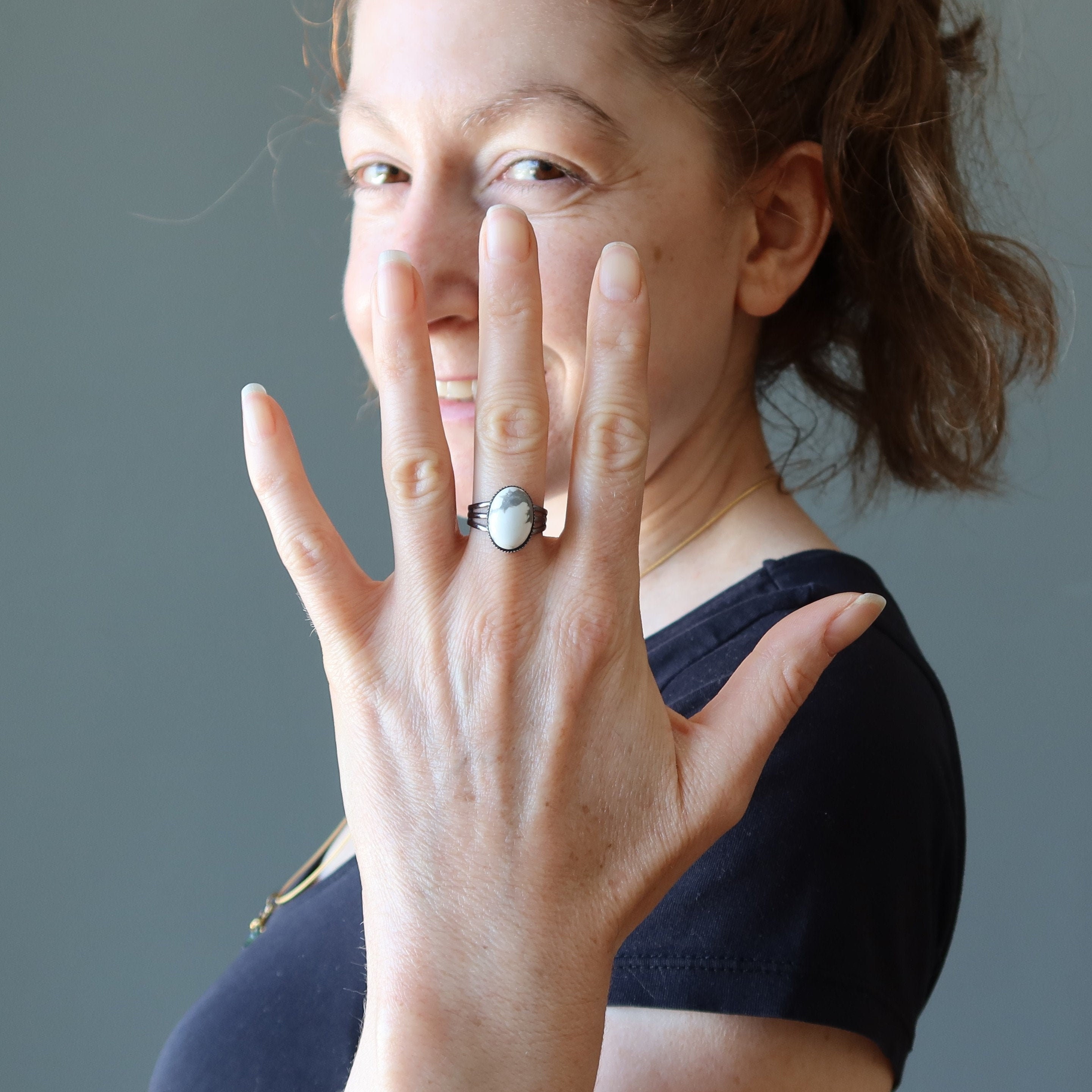 Howlite Ring, White Oval Gemstone In Adjustable Gunmetal