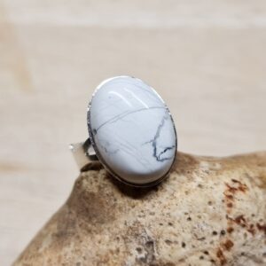 White Howlite ring. Reiki jewelry uk. Gemini jewelry. Adjustable ring. 18x13mm. 925 sterling silver rings for women