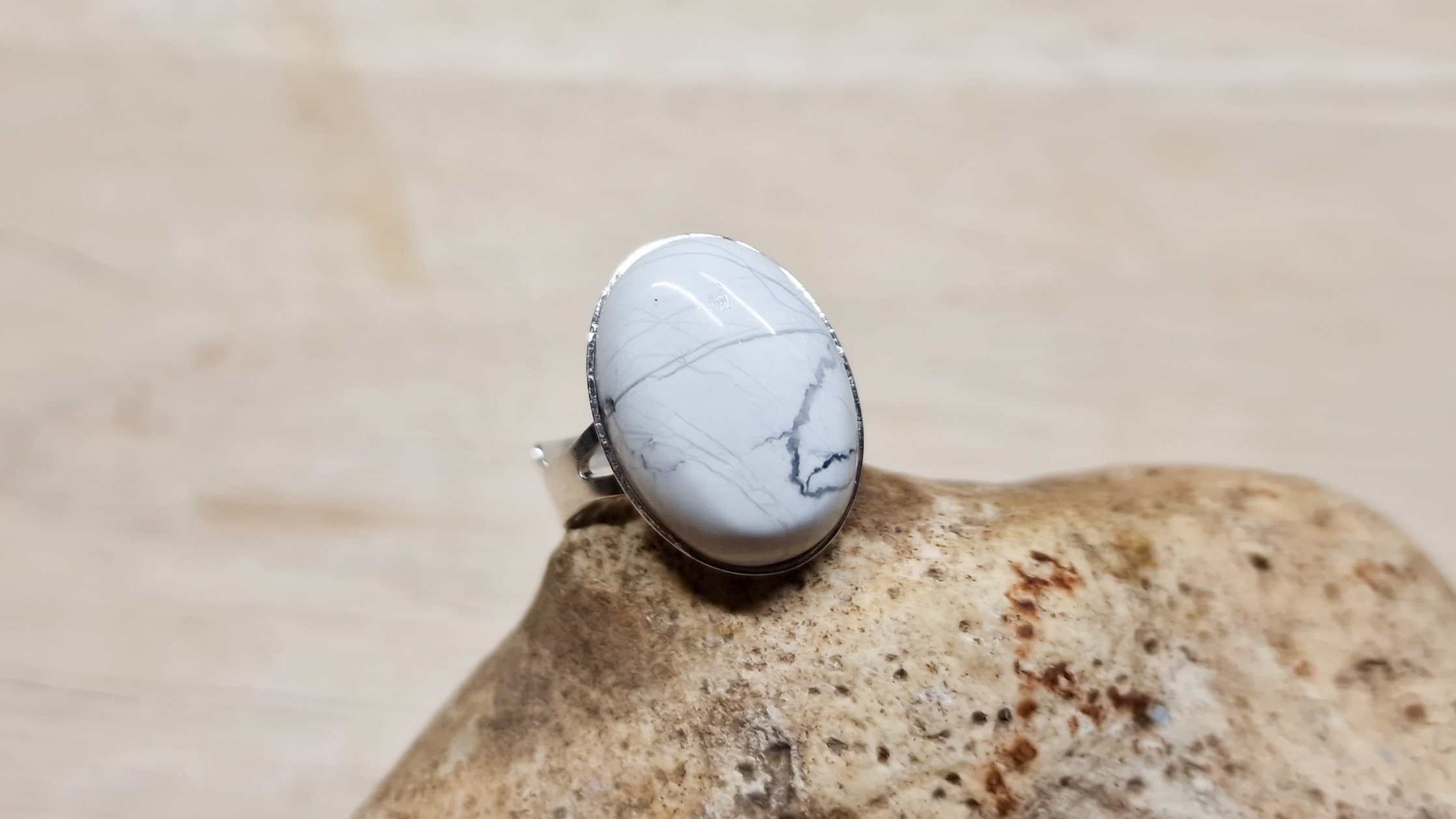 White Howlite Ring. Reiki Jewelry Uk. Gemini Jewelry. Adjustable Ring. 18x13mm. 925 Sterling Silver Rings For Women