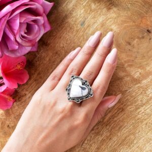 White Howlite & Sterling Silver Adjustable Heart Ring White Howlite & Sterling Silver Adjustable Heart Ring